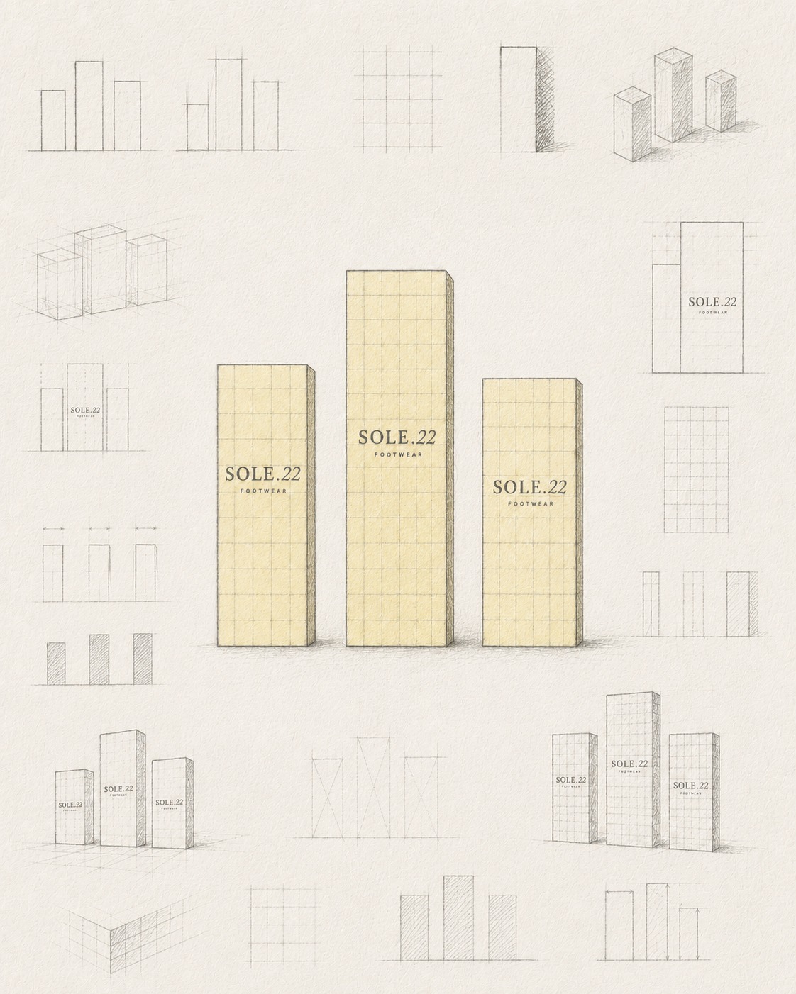 Pencil sketch studies of the three tiled pedestals